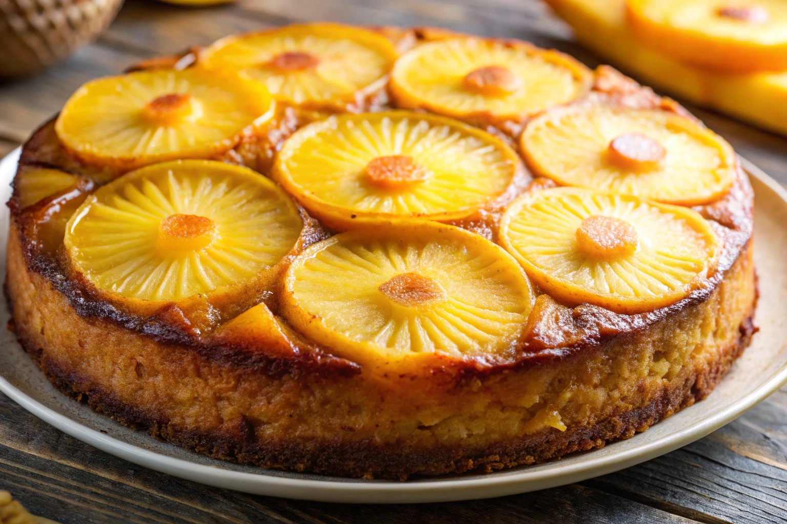 Hawaiian pineapple cake with pineapple slices.