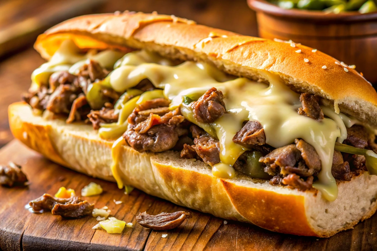 Philly cheesesteak meatloaf sliced with melted cheese and parsley garnish.