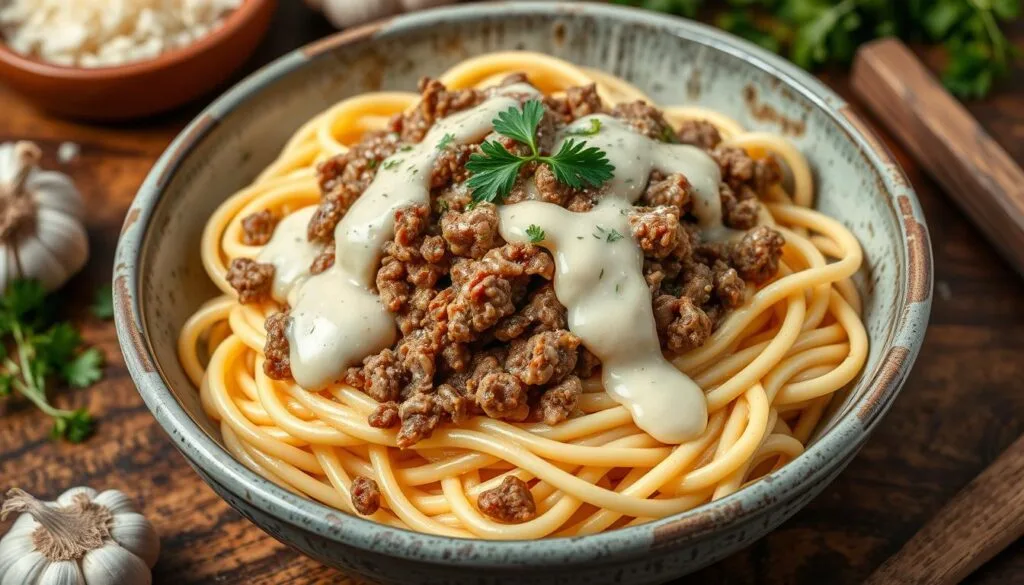 Quick and Creamy Ground Beef Alfredo Pasta